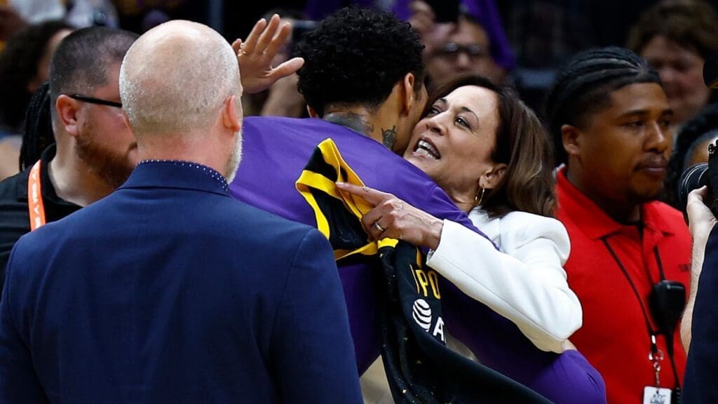 Brittney Griner embraces Vice President Kamala Harris as basketball star marks return to WNBA